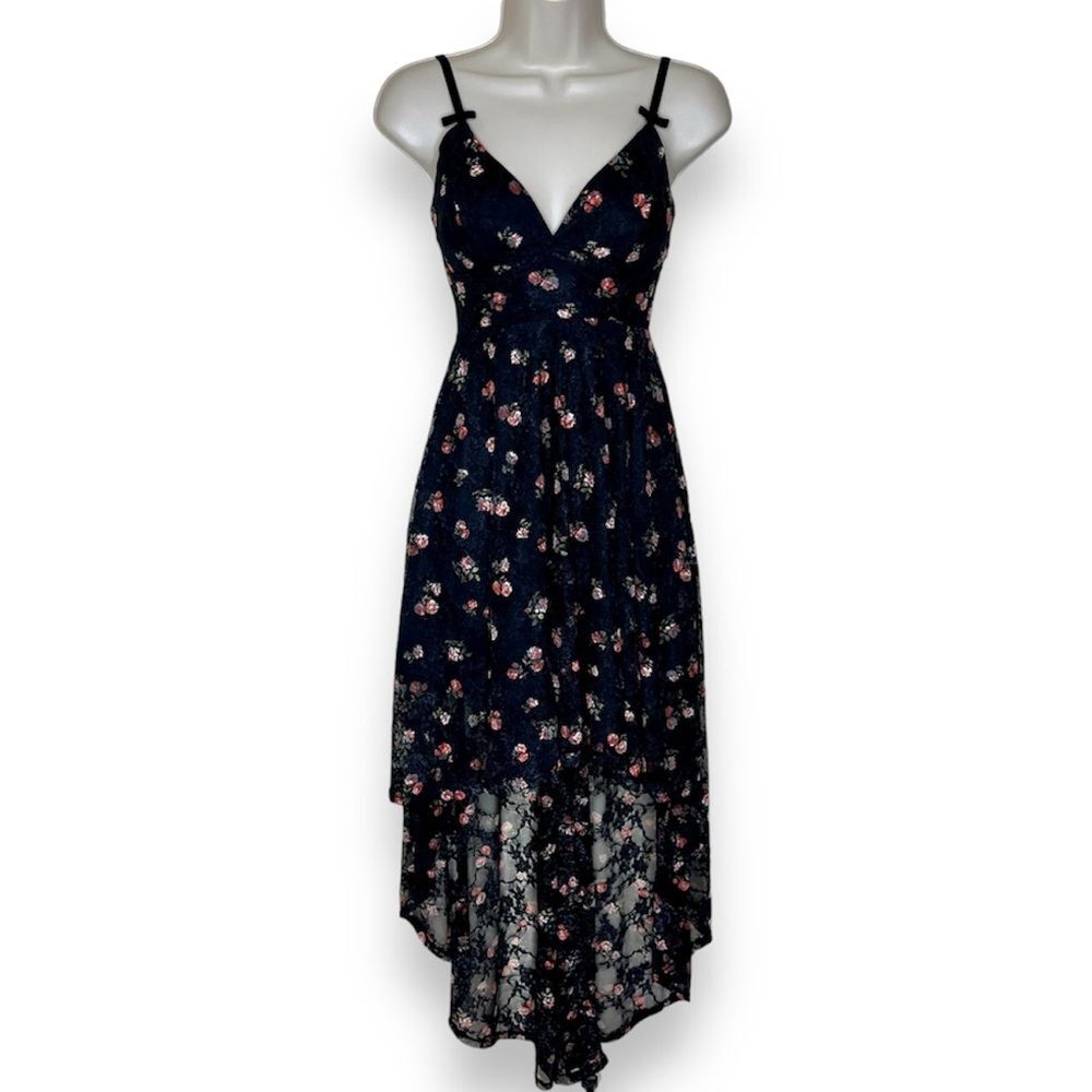 Disney Princess Black Pink Floral Stretch Lace High Low Hem Dress Junior Size XS